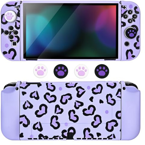 DLseego Protector Case for Switch OLED,Purples Love Hearts Theme Soft Protective Cover with 2PCS Handle Shell and 4PCS Thumb Grip Caps,Violet Switch OLED