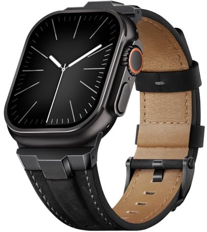 Suitisbest Genuine Leather Band Compatible for Apple Watch Ultra 2 Straps 49mm 46mm 45mm 44mm 42mm, Rugged Metal Connector Strap for Women Men iWatch SE Ultra 10 9 8 7 6 5 4 3 2 1