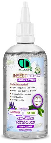 Insect Repellent Body Lotion – 100% Natural Protection Against Mosquitoes, Lice, Ticks, Fleas – Lavender & Tea Tree Essential Oils – Safe for People & Pets (30ml Nozel)