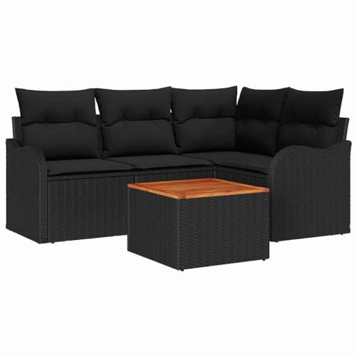 vidaXL 5-teiliges Gartensofa-Set mit Kissen in Schwarz, aus Poly-Rattan und Akazienholz, ideal für deinen Balkon und die Terrasse. Stilvolle Loungemöbel für den Garten.