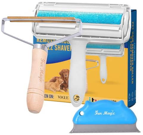 Fur Magic Pet Hair Remover Roller & Lint Remover Fuzz Shaver & Dog Cat Hair Remover Scraper Brush, Reusable Carpet Cleaner Lint Roller, Easy to Use 3 pcs Bundle