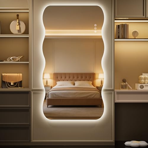 Hasipu LED Badezimmerspiegel 152x91 cm, Wellen Badspiegel mit Anti-Beschlag, Wandspiegel mit Beleuchtung, 3 Lichtfarben Dimmbar, Touch-Steuerung, Ganzkörperspiegel für Badezimmer, Wohnzimmer
