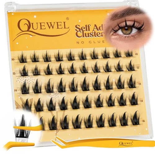 QUEWEL Pre-Glued-Cluster-Lashes Kit Manga Lashes, D Curve Pre Glued Eyelashes, Strong Hold 10-16MM No Glue Needed Self Adhesive Lashes for Cute Eye Makeup(MJ10)