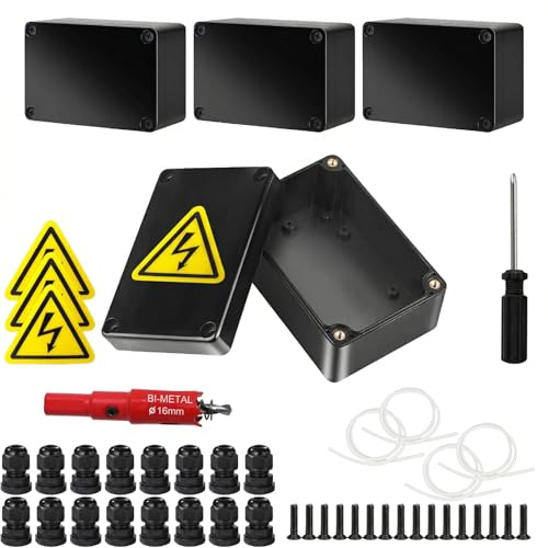 4 Stück Anschlussdose, IP67 Schwarz Abzweigdose Wasserdicht, 100 * 68 * 50mm Aufputz Verteilerdose, Gehäuse Elektronik mit 16 Kabelverschraubungen, Sicherheitsschilder, Lochsäge 16mm