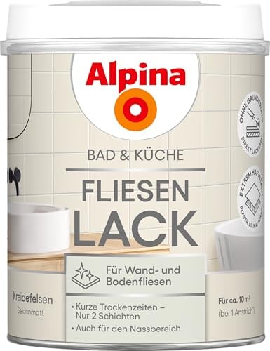 Alpina Bad & Küche Fliesen-Lack Kreidefelsen – seidenmatter Fliesenlack für Wandfliesen im Innenbereich, feuchtraumgeeignet & streichfertig, ideal für Badezimmer, Küche & WC – 0,75 L