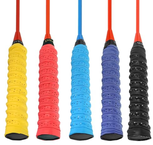 Winhuey 5 Pcs PU Racket Overgrips, Perforated Anti-Slip Sweat-Absorbent Grip Tape with Cushioned Ridge Design for Tennis, Badminton and Squash