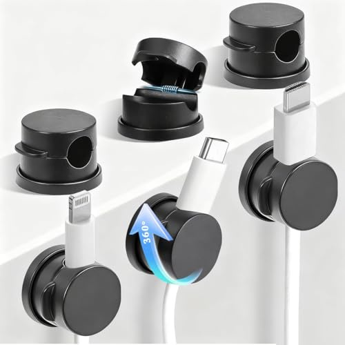 6 Stück Kabelhalter Kabelclips, Magnetische Selbstklebende Kabel Organizer, Kabelhalter Selbstklebend, [Upgraded 360° Drehbar] Feder Kabel Clips, Schwarz Kabelmanagement Set