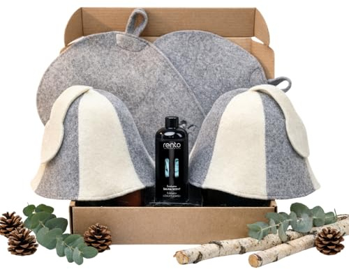SAUNA GURU bastu presentset – 2 bastuhattar, 2 premium sittdynor av ullfilt och eukalyptus bastu inlopp – naturligt bastutillbehör set för avkoppling, wellness och spa – presentidé för bastu kärlek