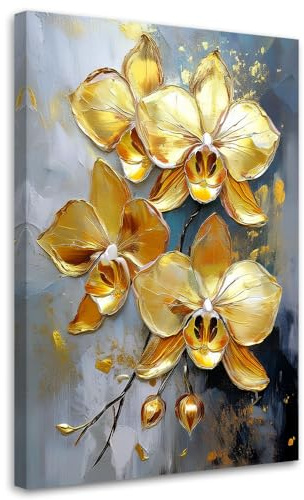 Feeby Bild auf Leinwand - Wandbilder Wohnzimmer Aesthetic - Gold Orchideen Glamour Blumen - 75x115 1tlg - Schlafzimmer Wandekoration - Bilder Zimmer - Living Room - Deko Wandbilder - Moderne Bild