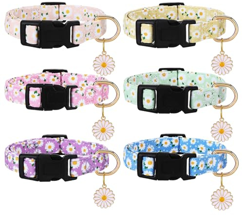 Smivyhp 6 Stück Hundehalsband mit Blumen-Muster, Hunde Halsbänder mit Metall-Sicherheitsverschluss, Verstellbares Welpenhalsband mit Gänseblümchen-Anhänger für kleine und mittlere Hunde