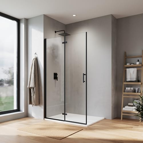 SONNI Walk In Duschwand 95 x 195 cm schwarz falttür 6 mm NANO Glas Drehfalttür Duschtrennwand Duschtür faltbar Duschabtrennung Falt