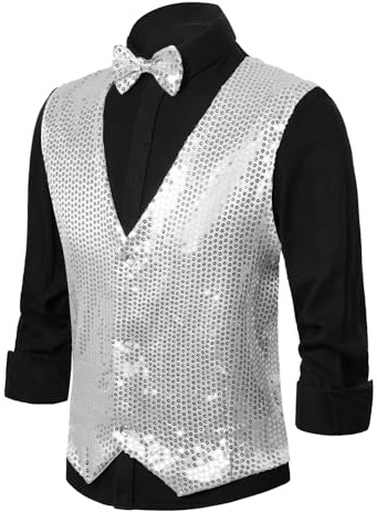 HELLORSOON Glänzende Herren Weste mit Pailletten Ohne Ärmel Anzugweste Glitzer Outfit Herren Glänzender Faschingskostüm Weste Silber Pailletten Jacke Fasching Accessoires