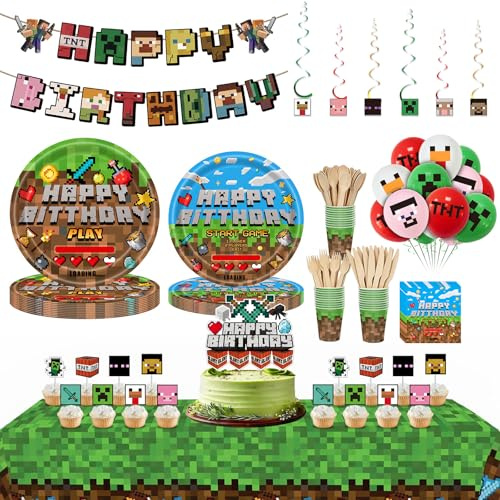112 pcs Finecraft Birthday Party Kit for Boys Kids - Pixel Theme Party Set with Banner, Cake Toppers, Hanging Swirls,Tablecloth, Paper Plates, Cups, Napkins , Finecraft Party Decorations
