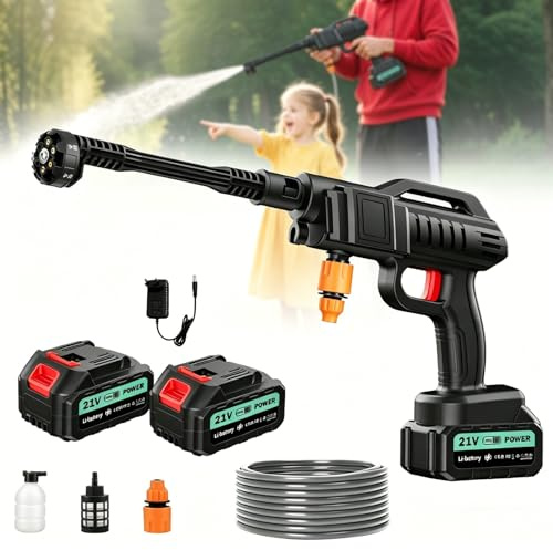 Dibaful Akku Hochdruckreiniger 100 Bar 270 L/H | Auto Tragbarer Pistole mit 2 x 3000mAh Akku | Waschpistole Mobiler 6 in 1 Verstellbare Düse 5M Schlauch für Terrasse Auto