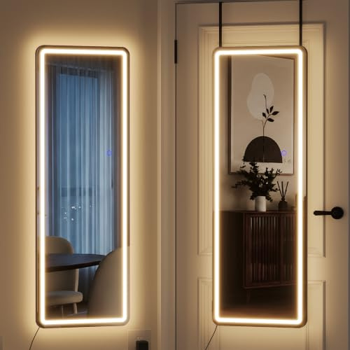 ZKIODV LED Espejo de Pared Cuerpo Entero, 120x37cm Espejo de Puerta Colgar con luz, Moderno Espejos Cuerpo Entero con Luces 3 Colores, Espejo Vestidor para Dormitorio Salón Entrada (Negro)