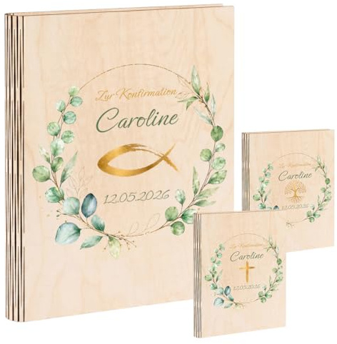 Personalisiertes Gästebuch aus Holz zur Taufe, Kommunion, Konfirmation & Jugendweihe - Ringordner DIN A4 aus Birkenholz mit Wunschname & Datum - Geschenk als Gästebuch für Mädchen und Jungen
