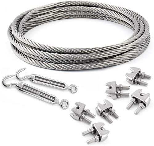 100m EDELSTAHLSEIL SET 3mm 7x7+6 x SEILKLEMMEN V4A+2 x SPANNSCHLOSS HAKEN - ÖSE Stahlseil Inox VA Seil Rostfrei Kauschen Spannschraube Klemmen Spanner