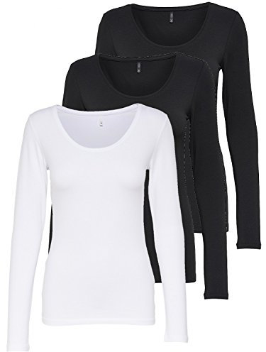 ONLY 3er Pack Damen Langarmshirt schwarz und weiß Langarm Basic Longsleeve Sommer aus 95% Baumwolle XS S M L XL 15209156