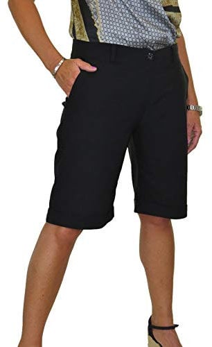 icecoolfashion Womens Stretch Shorts with Pockets Above Knee Length Straight Leg Bermudas with Turn Up Cuffs Black 8-22 (16)
