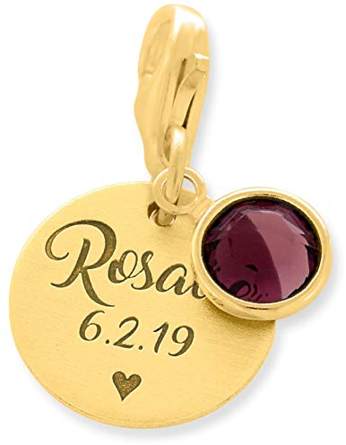 Charm Anhänger Gold Gravur vergoldeter 925 Silber Charms mit Namen personalisiert graviert Baby Geburt Geburtsstein Herz Karabiner Verschluss Geburtsanhänger | HANDMADE IN GERMANY