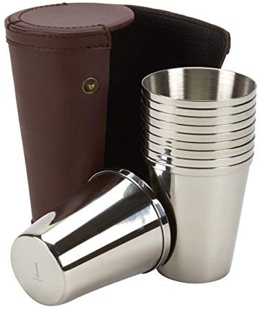 10 small stainless steel tumblers / tot cups (4fl oz) - numbered on the bottom for drinks and as a peg finder - approx 4.5/12cm tall - ideal for a jacket pocket - comes in a leather stud case (3385)