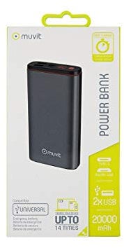 Muvit Power Bank 20000 mAh USB 1A + Tipo C PD 3A 18W + 2 inputs (Micro USB + Tipo C) Negro
