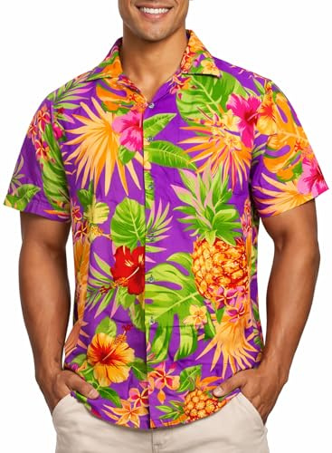 King Kameha Herren Hawaiihemd Kurzarm – Sommer Aloha Shirt mit Ananas-Print, leicht und pflegeleicht