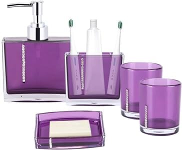 5tlg Badezimmer Set, Badset Mit Emulsionflasche, Zahnbürstenhalter, Seifenschale Und 2 Gurgeln Tasse, Badezimmer-Toiletten-Set, Violett