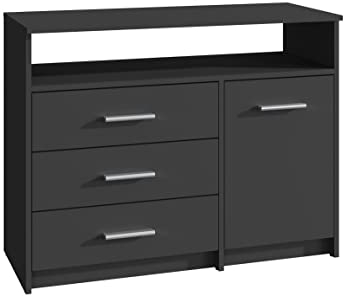 MATKAM Kommode Bodo 1D3SO, H75 x B98 x T35 cm, mit 3 Schubladen, einem Ablagefach und einem Türschrank, Griffe in Metall-Optik, Schubladen-Führungsschienen aus Metall (Schwarz)
