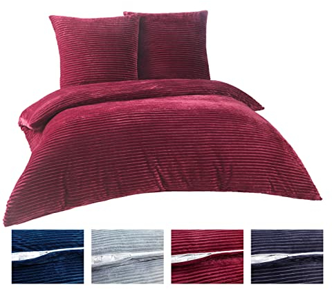 BaSaTex Winter Plüsch Bettwäsche Set | 135x200 cm Deckenbezug + 80x80 cm Kissenbezug | Cashmere-Touch Coral Fleece,Rip-Cord“ | Reißverschluss | Bordeaux