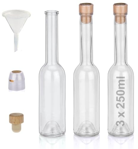 Flaschen Set 3 x 250ml hochwertige Glasflaschen leer mit Korken Schrumpfkapseln & 1 Trichter zum selbst Befüllen mit Gin Whisky Schnaps Likör Essig Öl günstige Flaschen Ginflaschen Whiskyflaschen