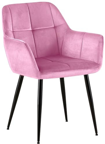 CLP Chaise De Salle A Manger Emia en Velours I Siège Retro avec Accoudoirs I Piètement en Métal Noir I Boutons décoratifs Chics, Couleur:Rose, Matériel:Velours