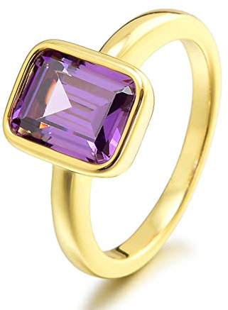 Rizilia CELEBOX Solitär Verlobung Ringe mit Smaragd Schliff Edelstein Zirkonia CZ [Lila Amethyst] in 18K Gelbgold Vergoldet, Berühmtheit inspiriert von Angelina Jolie