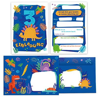 Junapack 12 Einladungskarten incl. 12 Umschläge zum 3. Kindergeburtstag dritte Geburtstag Jungen Dinosaurier Dino Geburtstagseinladungen