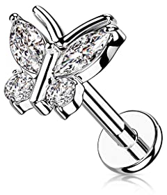 beyoutifulthings 1 Knorpel Ohr-Stecker Schmetterling Silber 4 Zirkonia Clear Piercing-s Chirurgenstahl Schraub-Verschluss Stab 6-mm lang