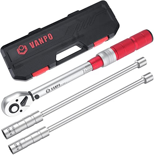 VANPO Clé Dynamométrique 3/8'', Clé de Torsion 5-60Nm, Précision ±3%, 72Dents Vélo Kit D'entretien avec 30cm Allongée universel Douilles à Bougie Magnétique 14/16mm pour Auto y Moto Remplacer Bougies