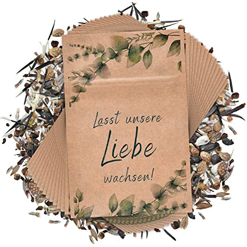 Let's Bride - Blumensamen Gastgeschenke Hochzeit [15er/50er Set mit Kraftpapier Tüten] Lasst unsere Liebe wachsen - Gastgeschenke Kommunion | Taufe Deko Babyparty Give Away Bienenwiese MADE IN GERMANY