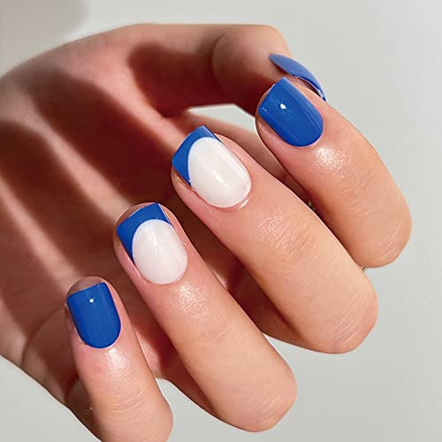 24PCS Short False Nails with Glue Stickers,Coffin Full Cover Acrylic Press on Nails no Glue,White&Blue French Fake Nails for Women and Girls Nail Art.