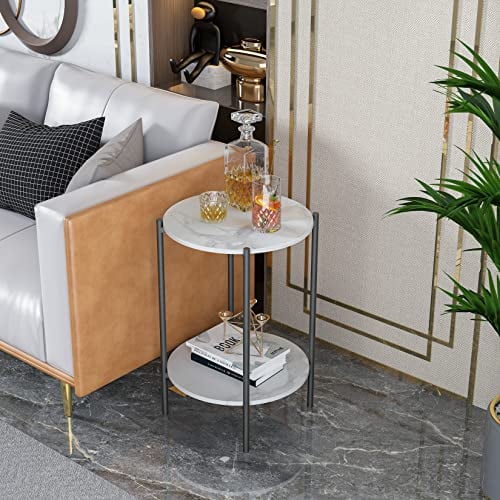 FATIVO Marmor Couchtisch Beistelltisch Sofatisch: 2 Ablagen Beistelltisch rund Nachttisch fürs Wohnzimmer Schlafzimmer mit schwarz Eisenrahmen - 40.5×40.5×55