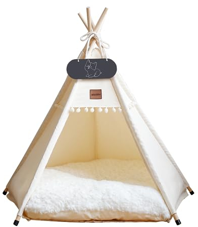 Whiwhi Tipi Zelt für Haustiere Hundezelt Katzenzelt mit Kissen Waschbar Haustierzelte Häuser Hundehöhle und Haustierhäuser Wegklappen Haustier Zelt Möbel 50x50x60cm