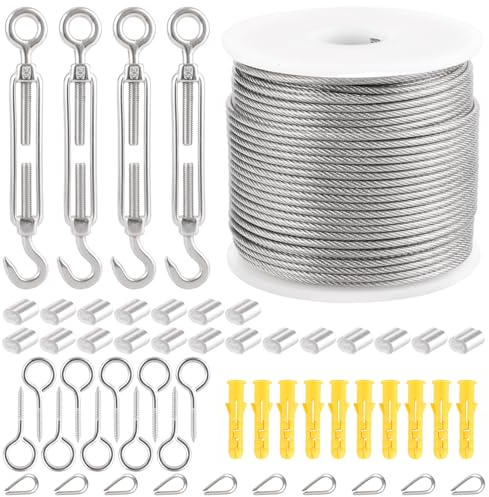 AKOLAFE Cable de alambre de acero inoxidable 304 de 50 m de 2 mm con ojales, cable tensor, recubierto de PVC con tensor para suspensión, tendedero, cuerda de cortina, plantas trepadoras
