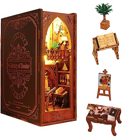 DIY Book Nook Kit, 3D Wooden Dollhouse Bookends Book Stand Puzzle Model Build-Creativity Kit with LED Light for Teens and Adults (Library)