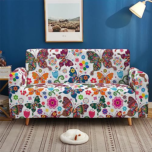 xczxc Stretch Sofa überzug 2 Sitzer Sofahusse Elastischer Sofabezug Spandex Sofa Überzug Anti-Rutsch Waschbar Sofa Protection Cover Schonbezug Couch, Bunter Schmetterling