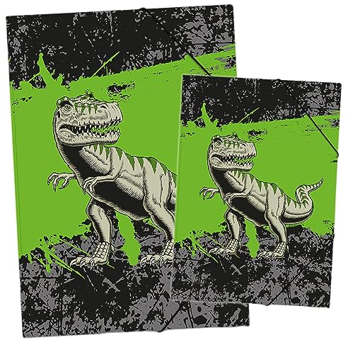 itenga Set Zeichenmappe DIN A3 und Sammelmappe DIN A4 mit Motiv - Gummizugmappe Sammelmappe - für Kinder Jugendliche Schüler Mädchen Jungen (Set A3 und A4 Motiv T-REX)