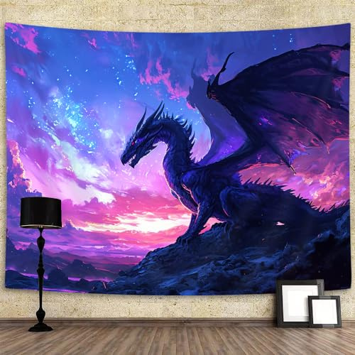 YDIDIAN Violetter Drachen-Wandkunst, mittelalterliche Fantasie-Tiere, cooler Drachen-Wandteppich, traumhafte Sternenhimmel, Kunst, Ästhetik, Wanddekoration für Zuhause, Studentenwohnheim, Wohnzimmer