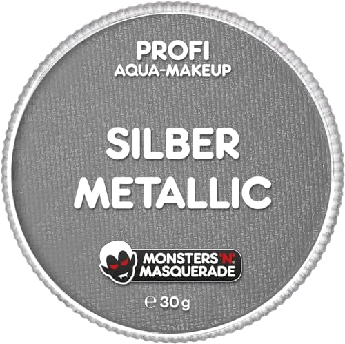 Monsters'n'Masquerade® – Profi Aqua Schminke SILBER METALLIC 30g | Gesichts- & Körperschminke auf Wasserbasis | Roboter, Disco-Fever | Make-Up Theaterschminke Gesichtsfarbe Karneval Halloween