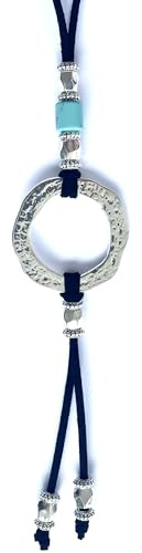 ASTER ALHELÍ Anhänger Damen Kreis und Türkis Silber - Lange Halskette Damen aus schwarzer Velourskordel mit verstellbarer Höhe und Elementen aus versilbertem Zamak - Ideal als Geschenk