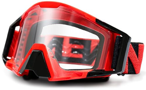 NENKI Lunettes Moto Cross, Masque Moto Cross avec protection du nez, Lunettes de Ski pour hommes et femmes, pour les sports de plein air, comme Lunette Moto (Rouge et transparent)