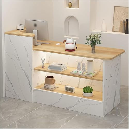 Moderner Einzelhandelstheke Rezeptionstrese Rezeptionszimmertisch Einzelhandelstheke mit Ausstellungsregal und Schubladen für Kasse Lobby Salon Einzelhandel(Size:120cm-left,Color:Weiß + Nussbaum hell)