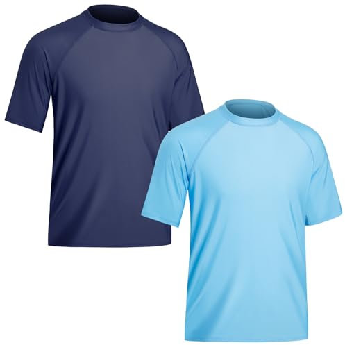 TIZAX 2 Piezas Camiseta Protección Solar Hombre con Manga Corta UPF 50+ Camiseta Anti UV Traje de Baño de Rashguard Camisa Deportiva Secado Rapido para Adultos Azul Marino+Azul Claro XXL